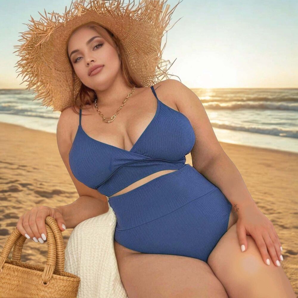 Plus Size High Waist Bikini Set Womens Blue Ribbed Tie Back Swimsuit 16